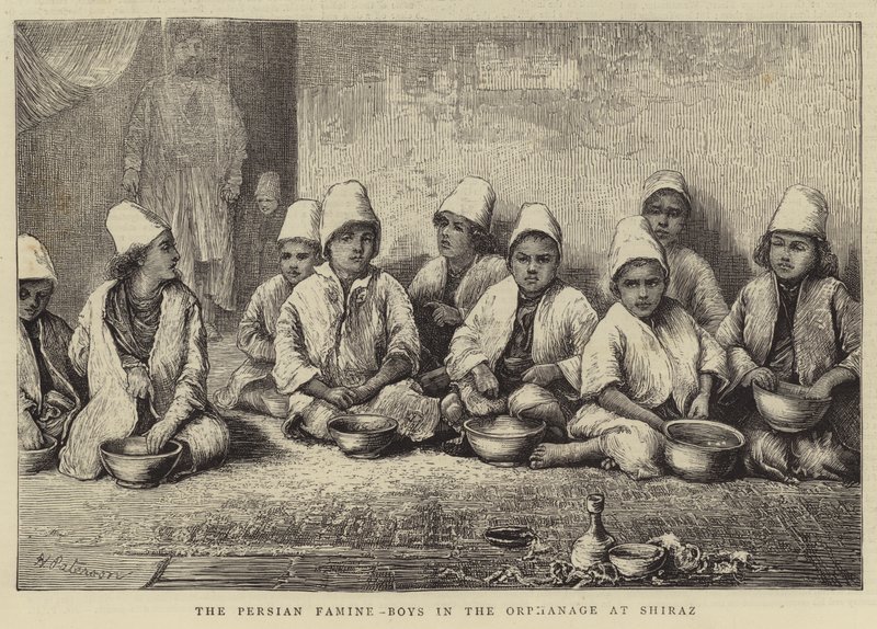 De Perzische hongersnood, jongens in het weeshuis in Shiraz door English School