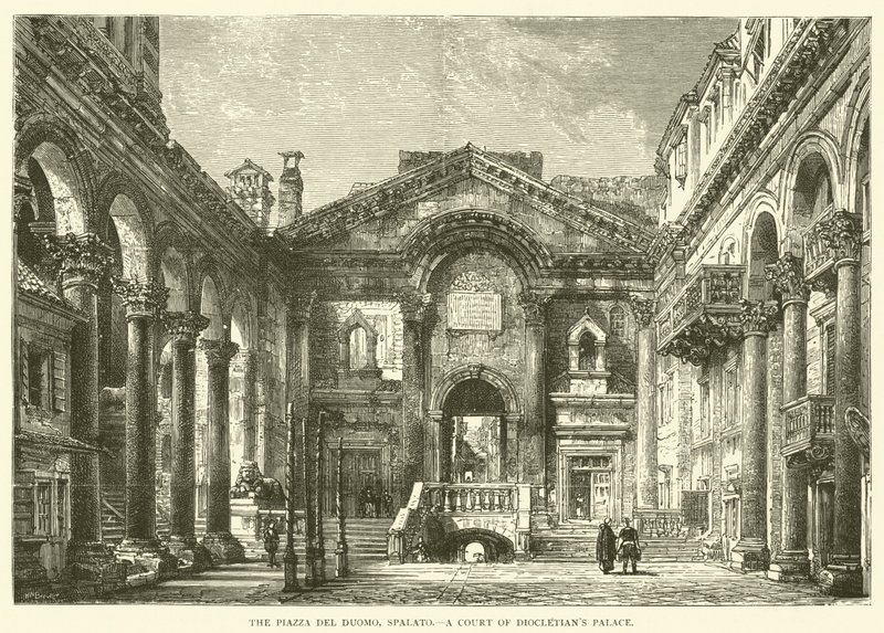 De Piazza del Duomo, Spalato, Een hof van het paleis van Diocletianus (gravure) door English School