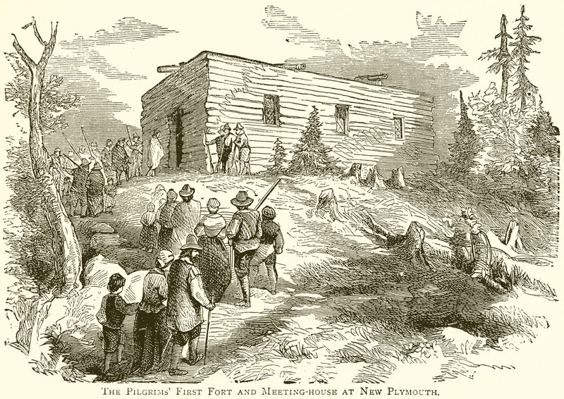 Het Eerste Fort en Vergaderhuis van de Pelgrims in New Plymouth door English School
