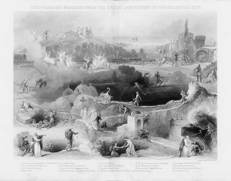 De voortgang van de pelgrim van de stad van vernietiging naar de hemelse stad (gravure) door English School