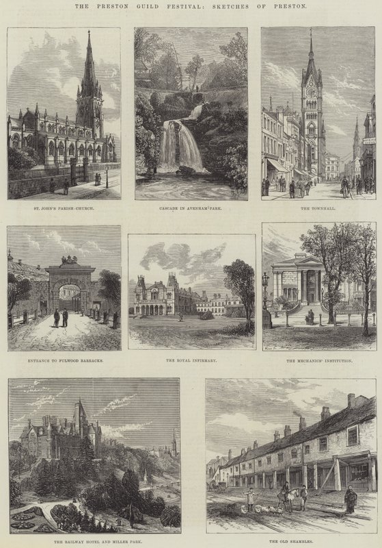 Het Preston Guild Festival, schetsen van Preston (gravure) door English School