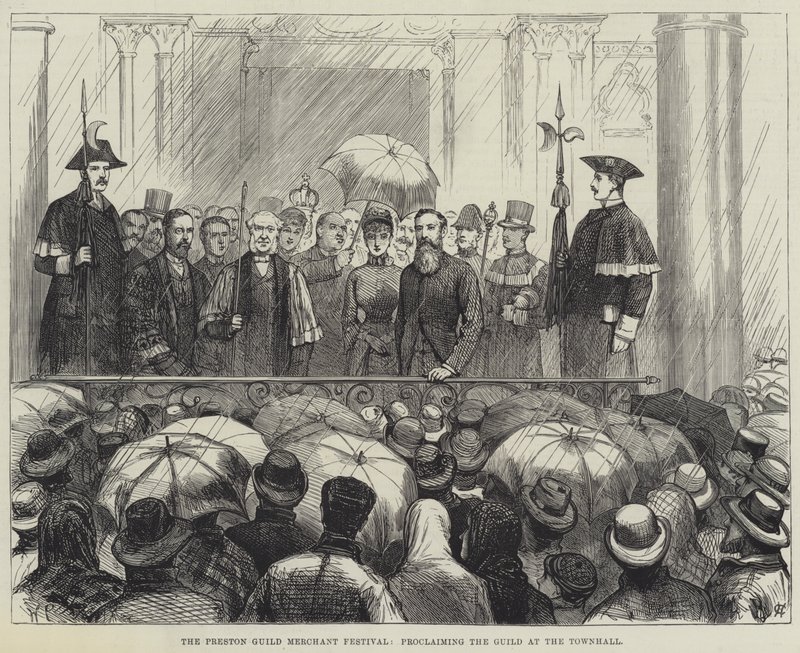Het Preston Guild Merchant Festival, het Uitroepen van de Guild in het Stadhuis (gravure) door English School