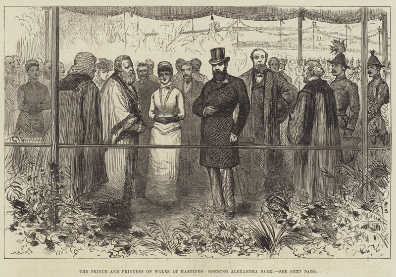 De Prins en Prinses van Wales in Hastings, opening van Alexandra Park (gravure) door English School