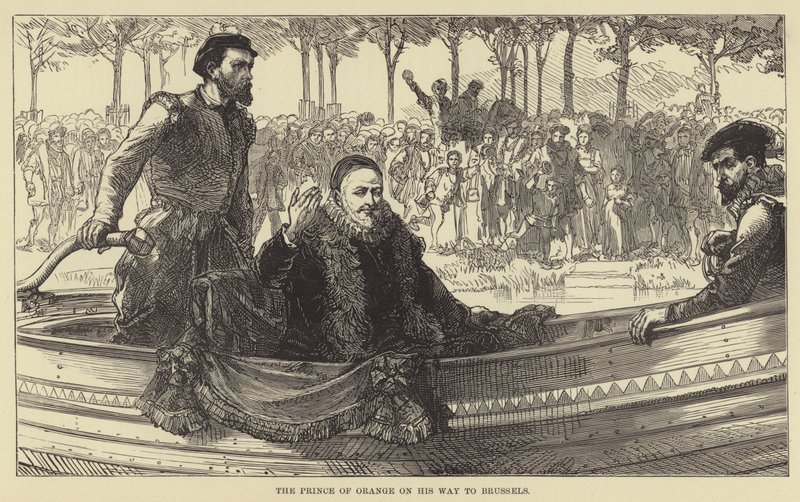 De Prins van Oranje op weg naar Brussel (gravure) door English School