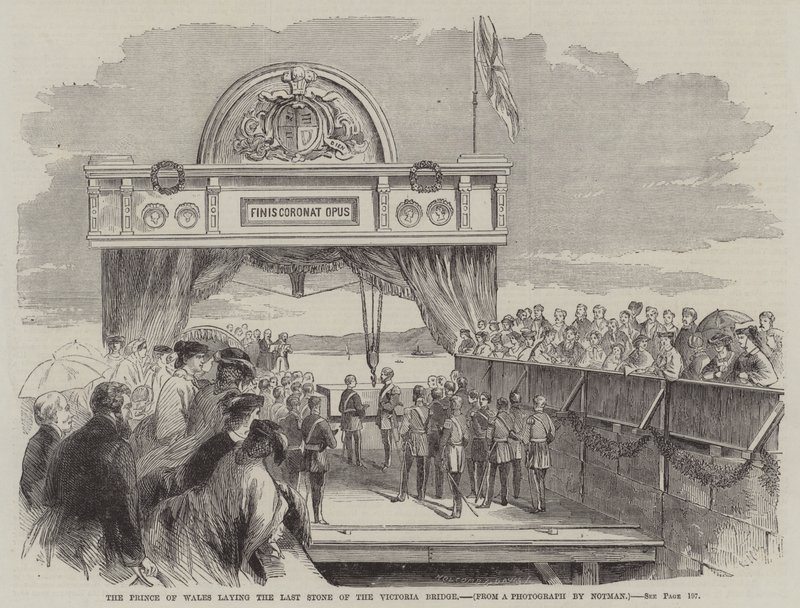 De Prins van Wales legt de laatste steen van de Victoria brug (gravure) door English School
