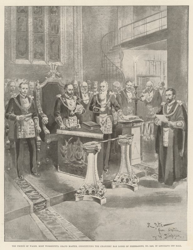 De Prins van Wales, Meest Verheven Grootmeester, die de Chancery Bar Lodge van Vrijmetselaars, nr. 2456, in Lincoln