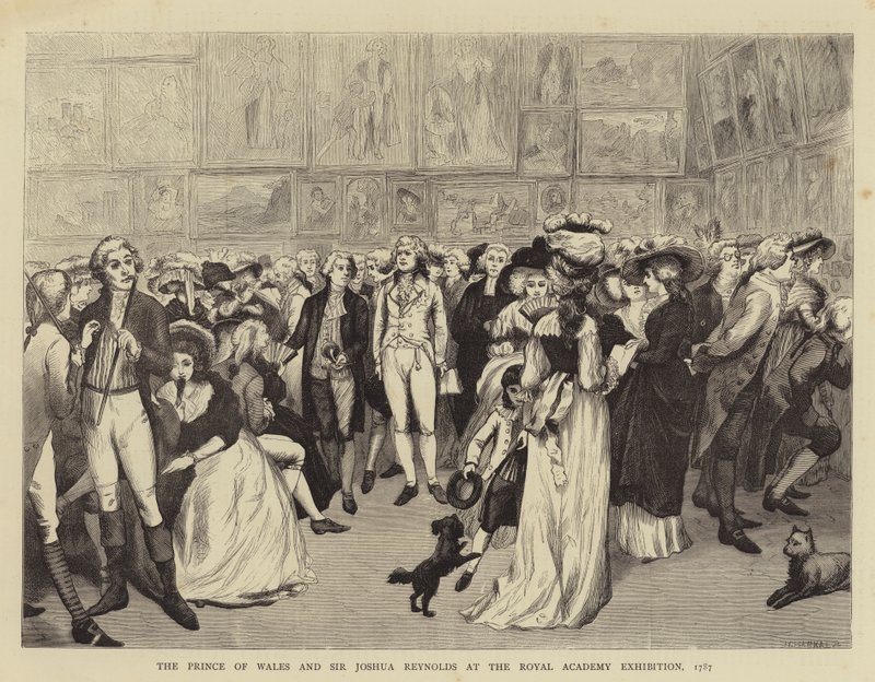 De prins van Wales en Sir Joshua Reynolds op de tentoonstelling van de Koninklijke Academie door English School