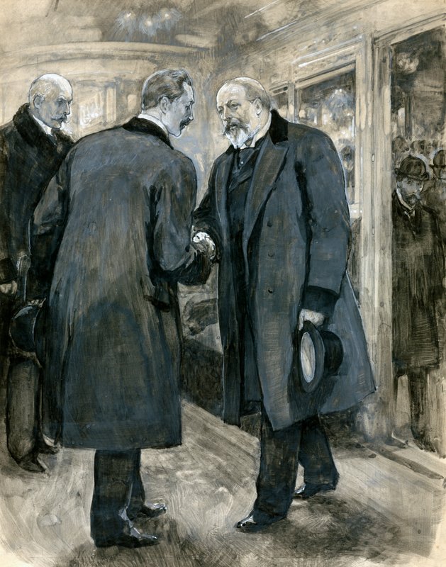 De Prins van Wales begroet de Duitse Keizer, Charing Cross Station, 20 januari 1901 door English School
