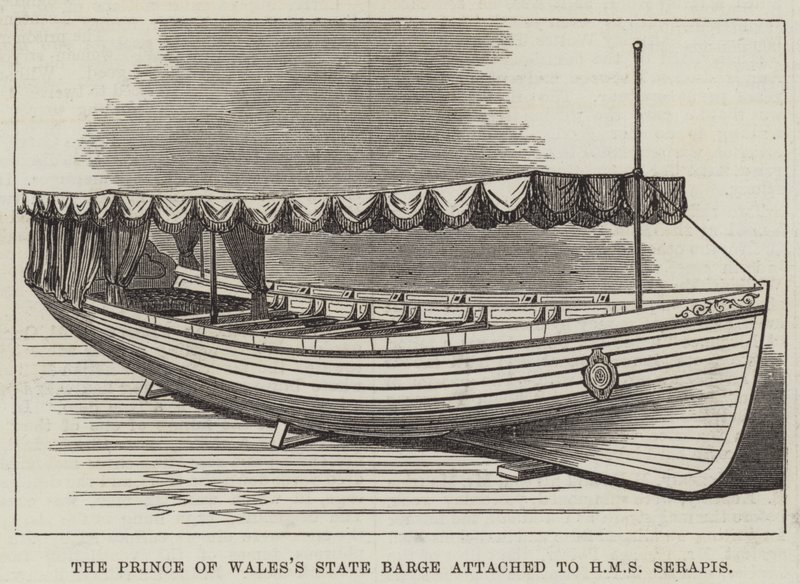 De staatsboot van de prins van Wales, verbonden aan HMS Serapis door English School