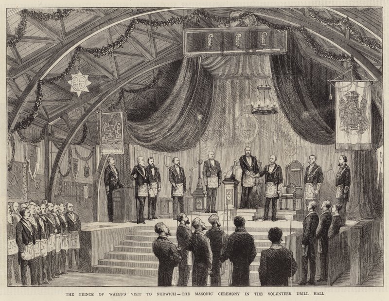 Het bezoek van de Prins van Wales aan Norwich, de vrijmetselaarsceremonie in de vrijwilligersdrillhal door English School