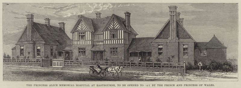 Het Princess Alice Memorial Hospital in Eastbourne, vandaag geopend door de Prins en Prinses van Wales door English School