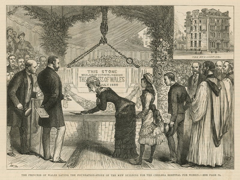 De Prinses van Wales legt de eerste steen van het nieuwe gebouw voor het Chelsea Ziekenhuis voor Vrouwen door English School