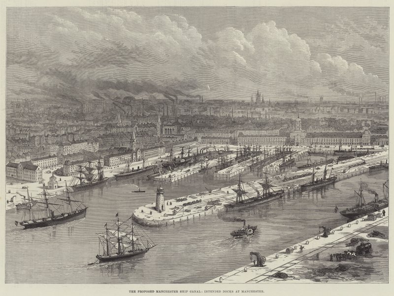 De voorgestelde Manchester Ship Canal, bedoelde dokken in Manchester (gravure) door English School