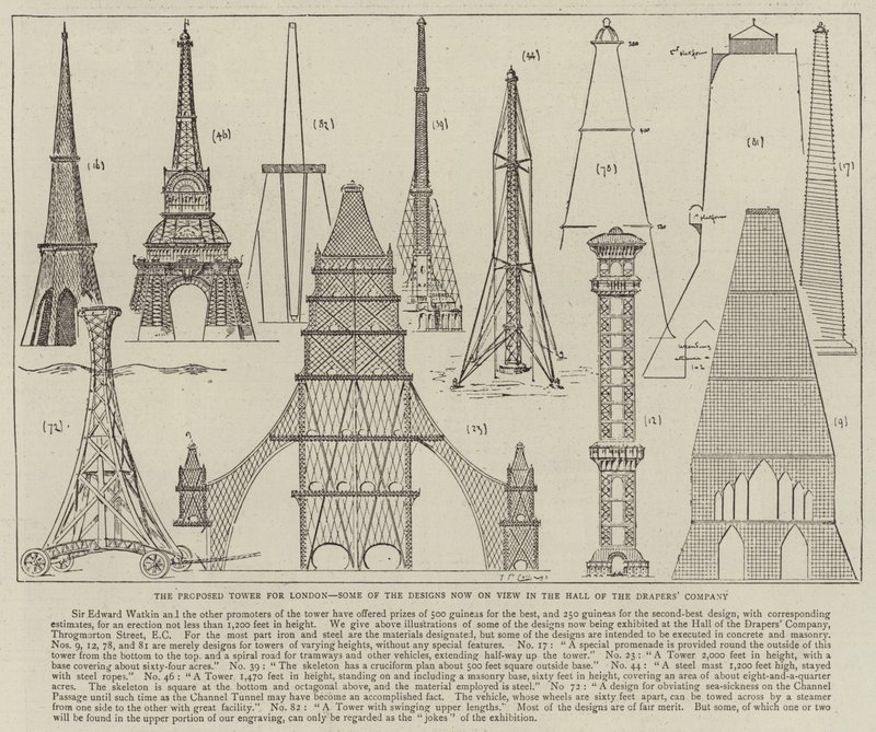 De voorgestelde toren voor Londen, enkele van de ontwerpen die nu te zien zijn in de hal van de Drapers