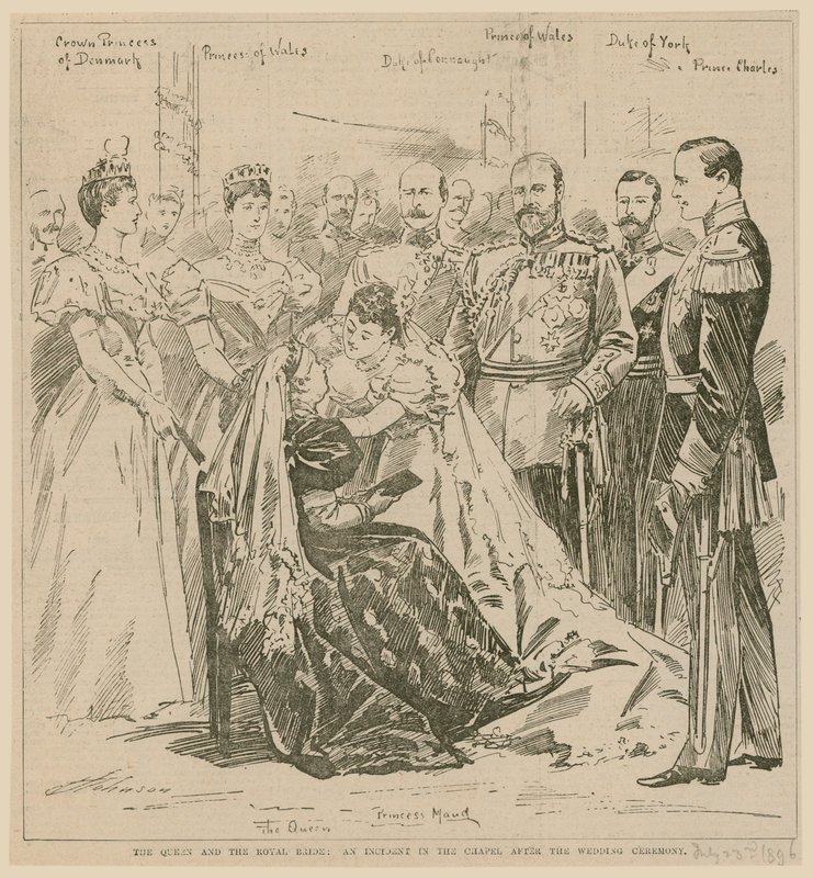 De Koningin en de Koninklijke Bruid, een incident in de kapel na de huwelijksceremonie, 23 juli 1896 door English School