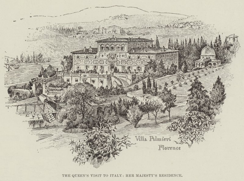 Het bezoek van de koningin aan Italië, de residentie van Hare Majesteit (gravure) door English School