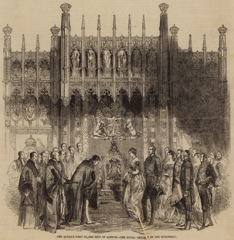 Het bezoek van de koningin aan de stad Londen, de koninklijke troon in de Guildhall door English School
