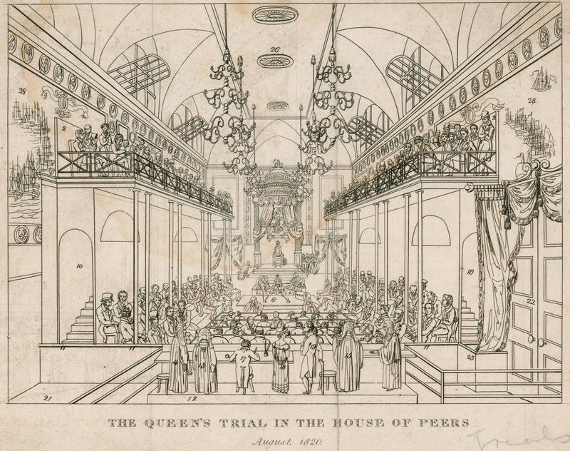 Het proces van de Koningin in het Hogerhuis, augustus 1820 door English School