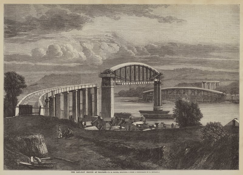 De spoorbrug bij Saltash, I K Brunel, ingenieur (gravure) door English School