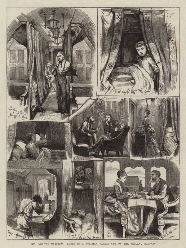 De spoorwegkwestie, notities in een Pullman Palace Car op de Midland Railway (gravure) door English School