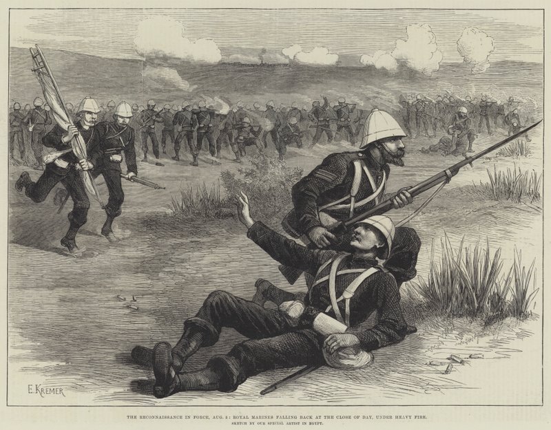 De verkenning in kracht, 5 augustus, Royal Marines trekken zich terug aan het einde van de dag, onder zwaar vuur (gravure) door English School