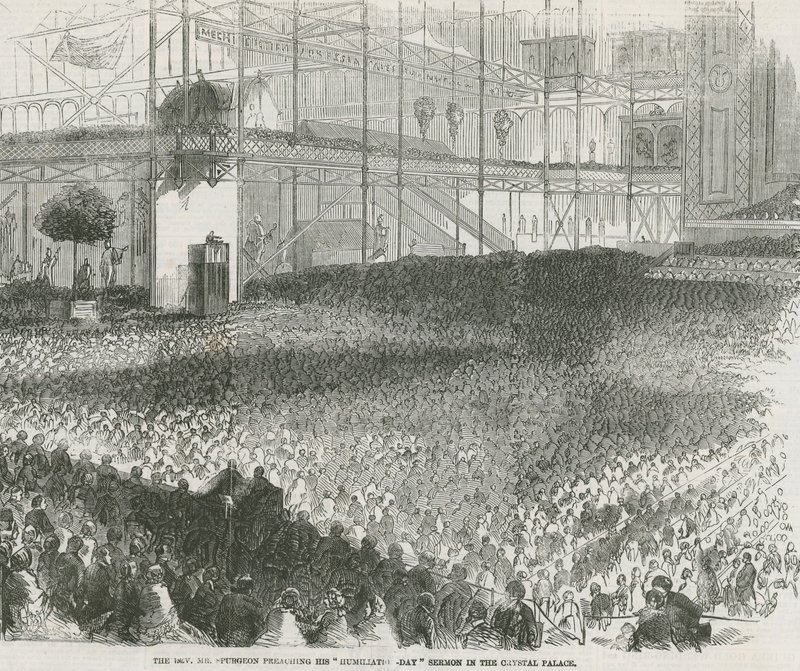 De eerwaarde Charles Haddon Spurgeon die zijn Humiliation Day preek houdt in het Crystal Palace door English School