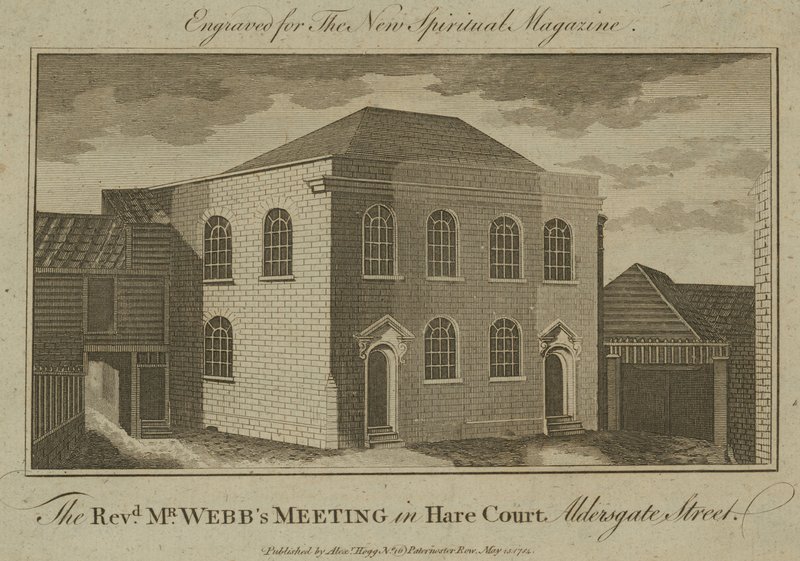 De bijeenkomst van de eerwaarde Mr. Webbs in Hare Court, Aldersgate Street door English School