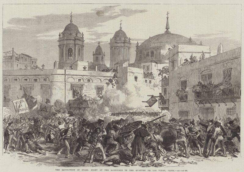 De revolutie in Spanje, gevecht bij de barricade in de wijk de Los Vinas, Cadiz (gravure) door English School