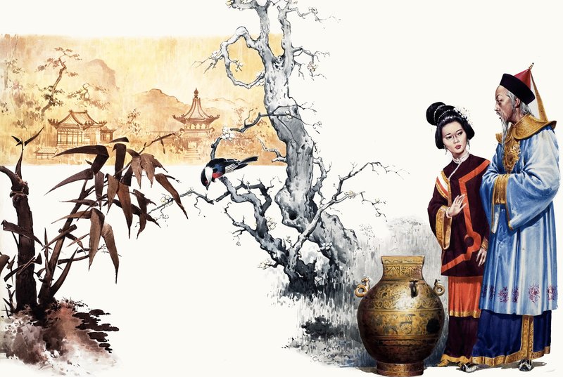 Het Raadsel. Chinese hofmagiër verandert een prins in een vaas. door English School