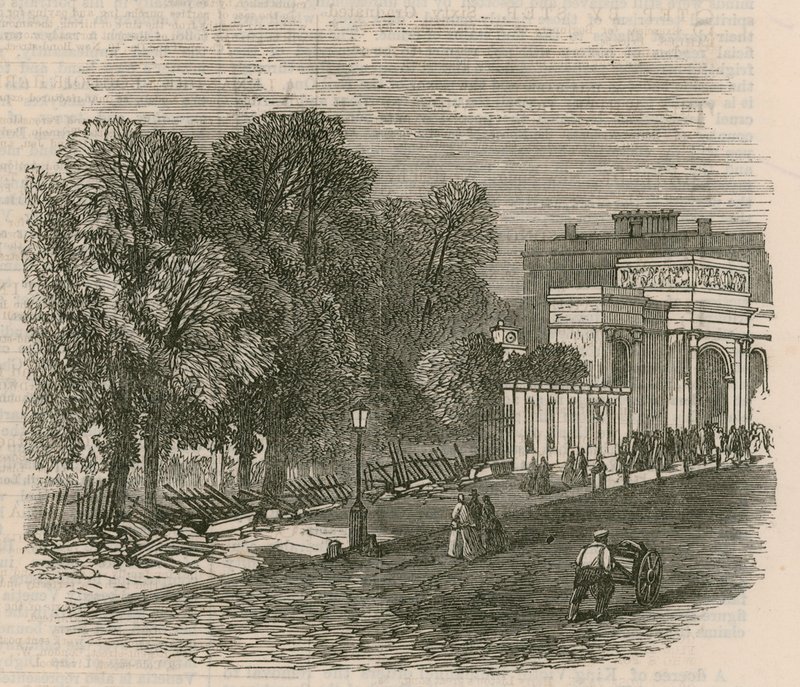 De oproer in Hyde Park: De gebroken hekken bij Hyde Park Corner door English School