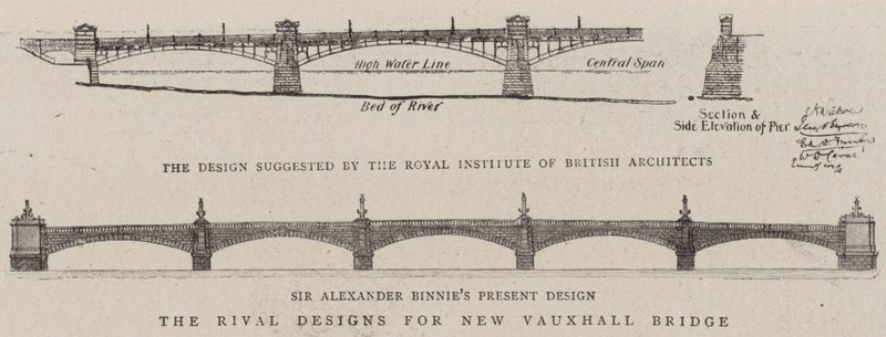 De Rivaliserende Ontwerpen voor de Nieuwe Vauxhall Brug (gravure) door English School