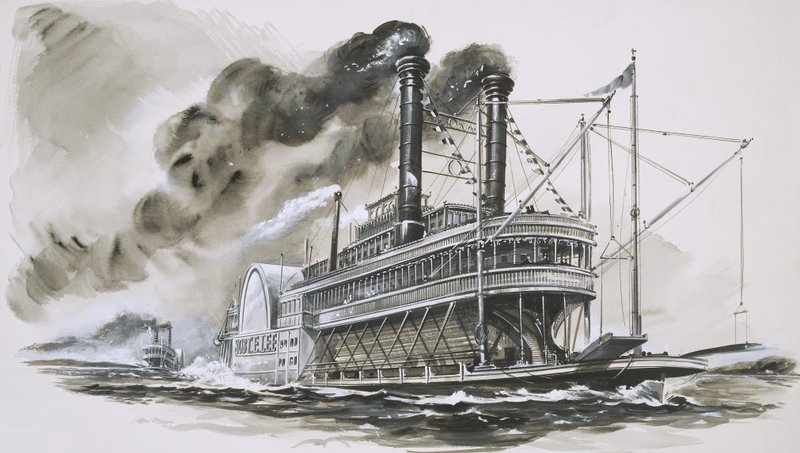 De Robert E Lee leidt de Natchez in hun beroemde race op de Mississippi door English School