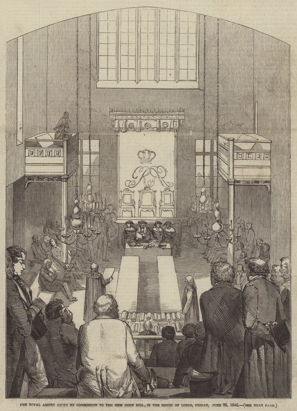 De Koninklijke Goedkeuring gegeven door Commissie aan de Nieuwe Graanwetsvoorstel, in het Hogerhuis, Vrijdag 26 juni 1846 door English School