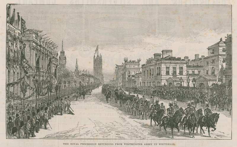 De Koninklijke Processie keert terug van Westminster Abbey naar Whitehall door English School