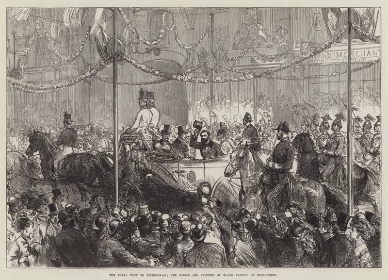 Het koninklijk bezoek aan Birmingham, de prins en prinses van Wales passeren Bull-Street door English School
