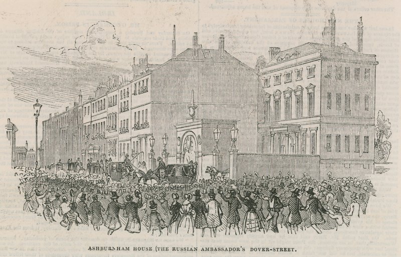 Het huis van de Russische ambassadeur; Ashburnham House, Dover Street, Londen door English School
