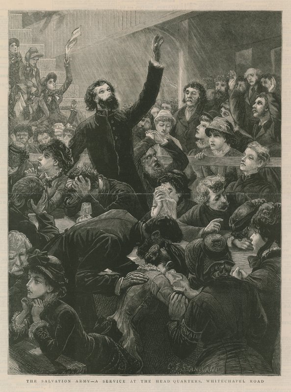 Het Leger des Heils - een dienst bij het hoofdkwartier op Whitechapel Road door English School