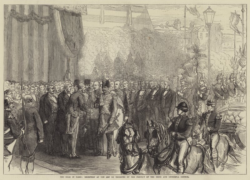 De sjah in Parijs, ontvangst bij de Arc de Triomphe door de prefect van de Seine en de gemeenteraad (gravure) door English School