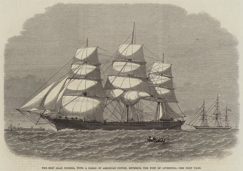 Het schip Glad Tidings, met een lading Amerikaanse katoen, de haven van Liverpool binnenkomend door English School