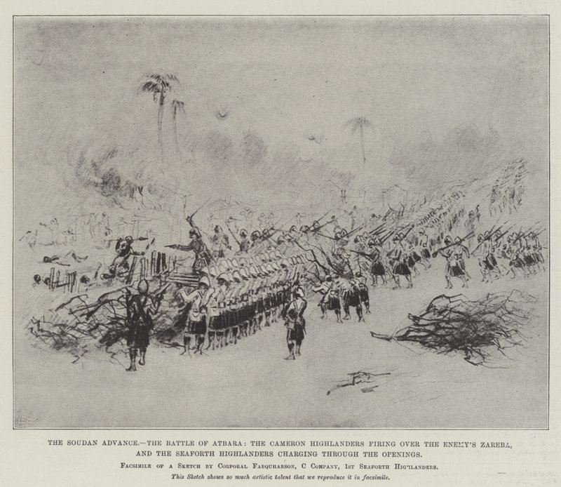 De opmars in Soedan, de slag bij Atbara, de Cameron Highlanders vuren over de vijandelijke Zareba, en de Seaforth Highlanders chargeren door de openingen door English School