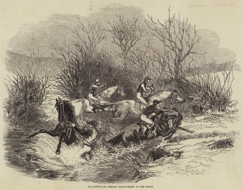 De Southgate Steeple Chase, Scène bij de Beek (gravure) door English School