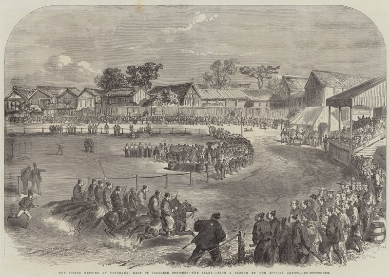 De Voorjaarsbijeenkomst in Yokohama, Wedstrijd van Japanse Officieren, de Start (gravure) door English School