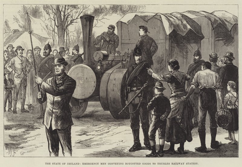 De toestand van Ierland, noodhulp mannen die geboycotte goederen naar het station van Thurles vervoeren door English School