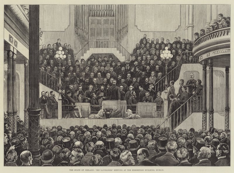 De staat van Ierland, de vergadering van de landeigenaren in het tentoonstellingsgebouw, Dublin door English School