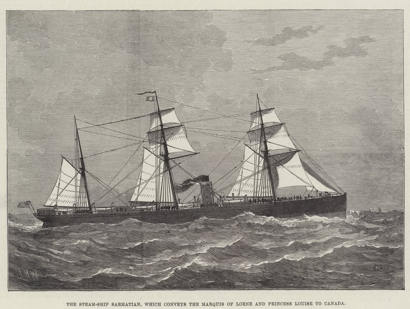 Het stoomschip Sarmatian, dat de markies van Lorne en prinses Louise naar Canada vervoert (gravure) door English School