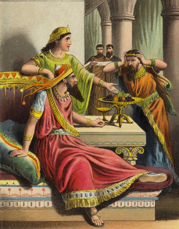 Het verhaal van koningin Esther: Esther beschuldigt Haman (kleur litho) door English School