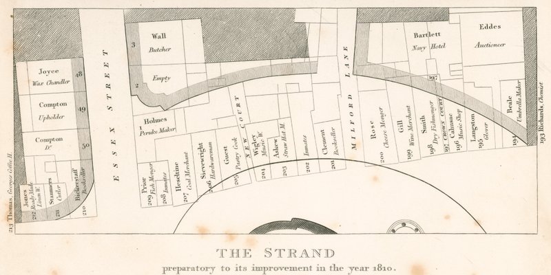 The Strand, Londen, vóór de verbetering in het jaar 1810; plan van het gebied door English School