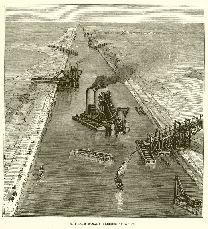 Het Suezkanaal: baggerschepen aan het werk door English School