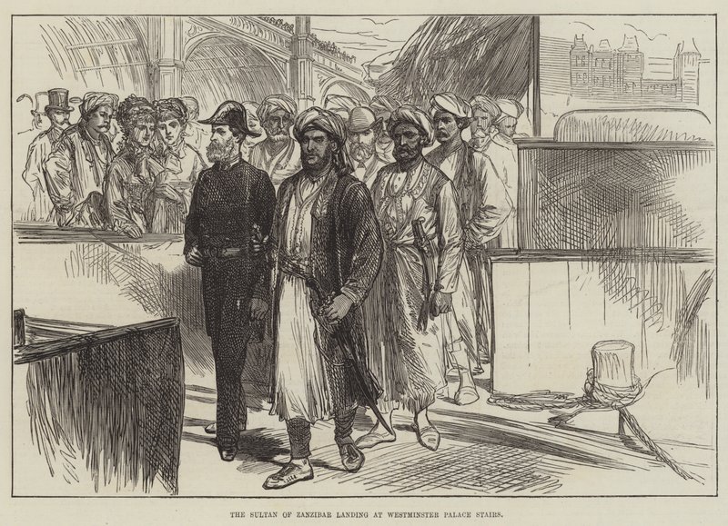 De sultan van Zanzibar landt bij Westminster Palace Stairs (gravure) door English School