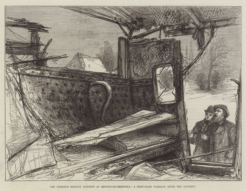Het verschrikkelijke treinongeluk bij Shipton-on-Cherwell, een eersteklas rijtuig na het ongeluk (gravure) door English School